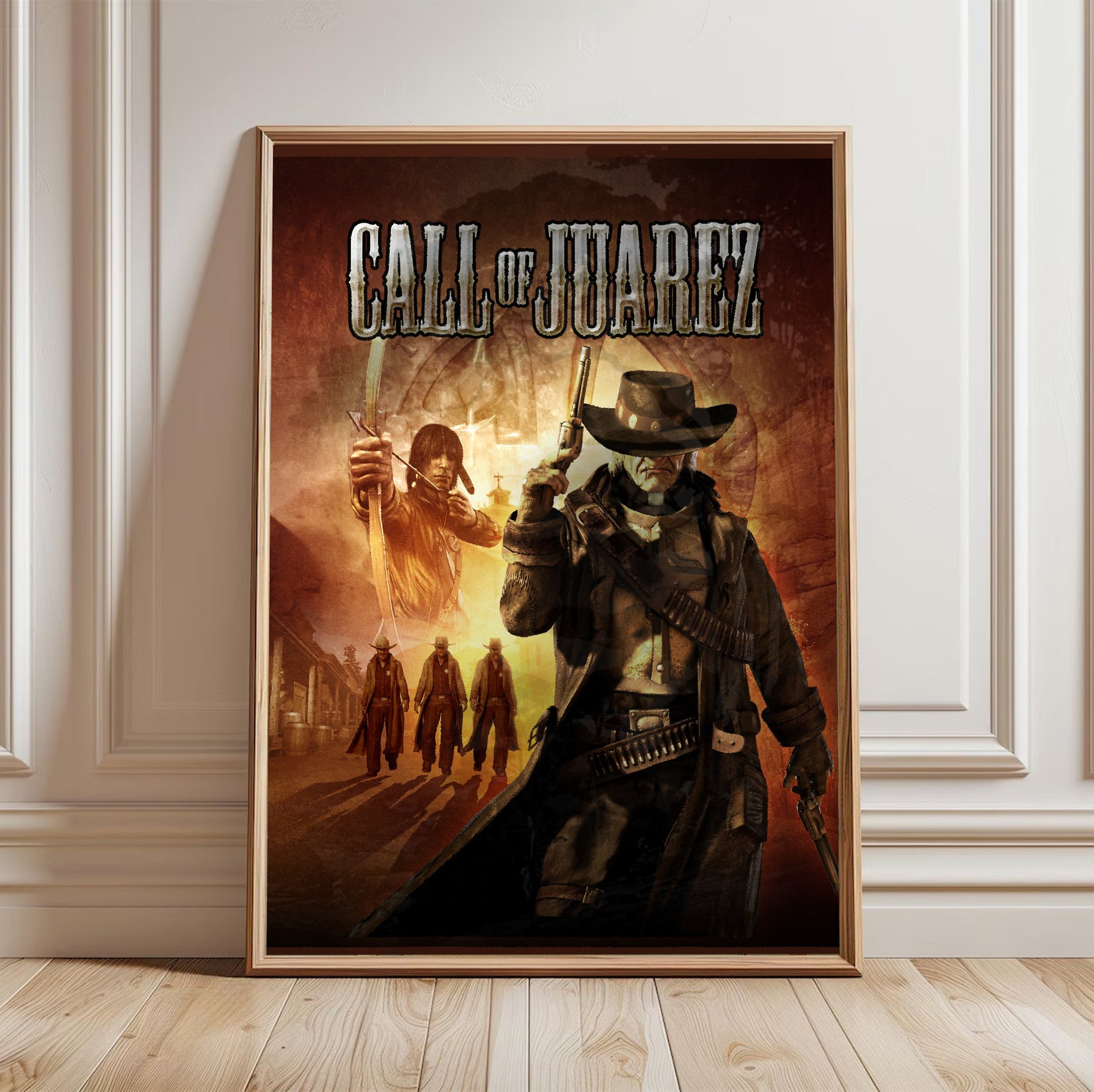 Call of Juarez cover art with logo in a light oak frame leaning against a white wall