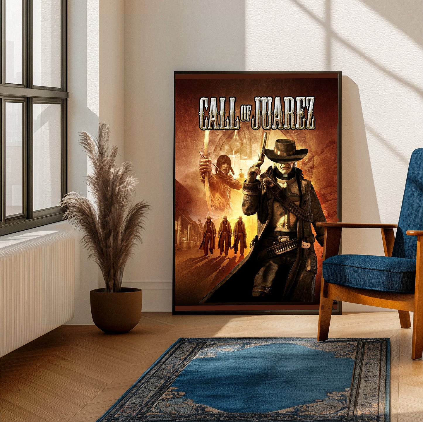 Call of Juarez cover art with logo framed beside a blue armchair in a sunlit room