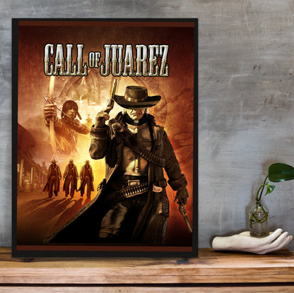 Call of Juarez cover art with logo in a black frame on a wooden shelf against concrete