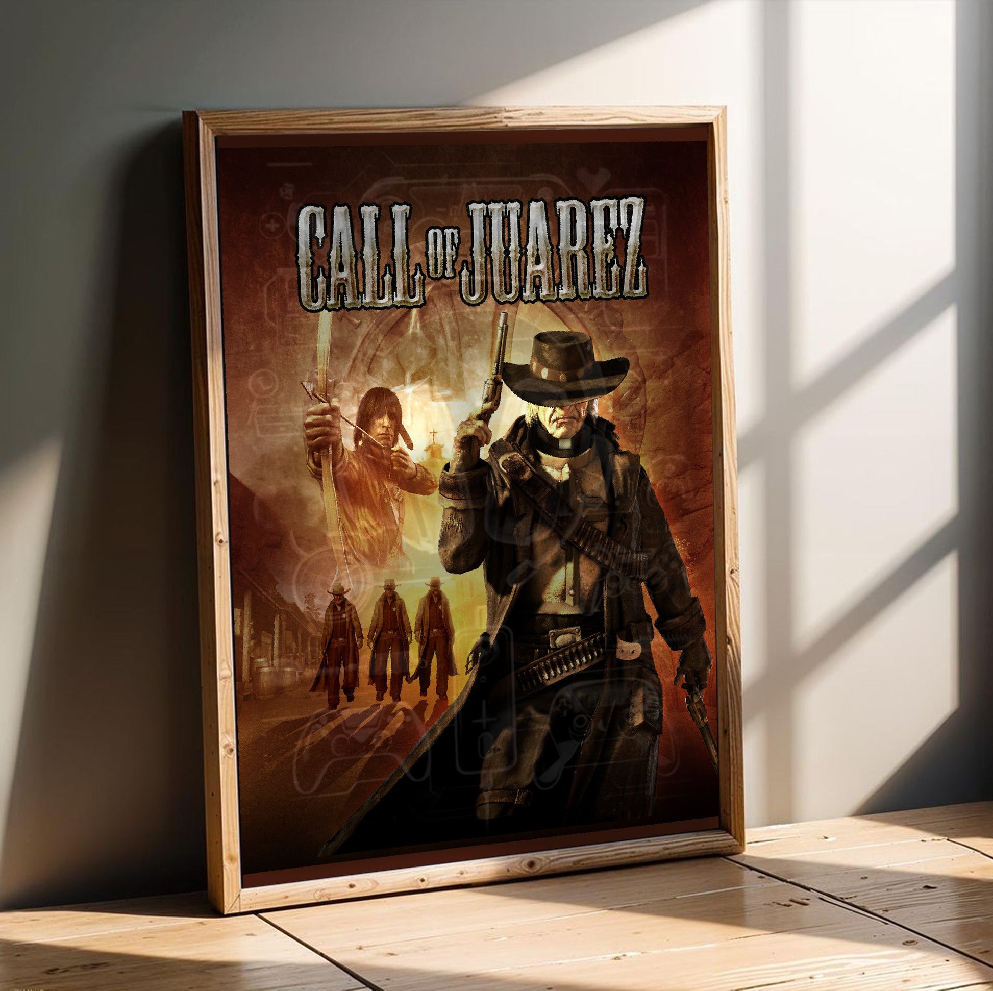 Call of Juarez cover art with logo in an oak frame leaning on a wooden floor