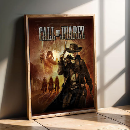 Call of Juarez cover art with logo in an oak frame leaning on a wooden floor