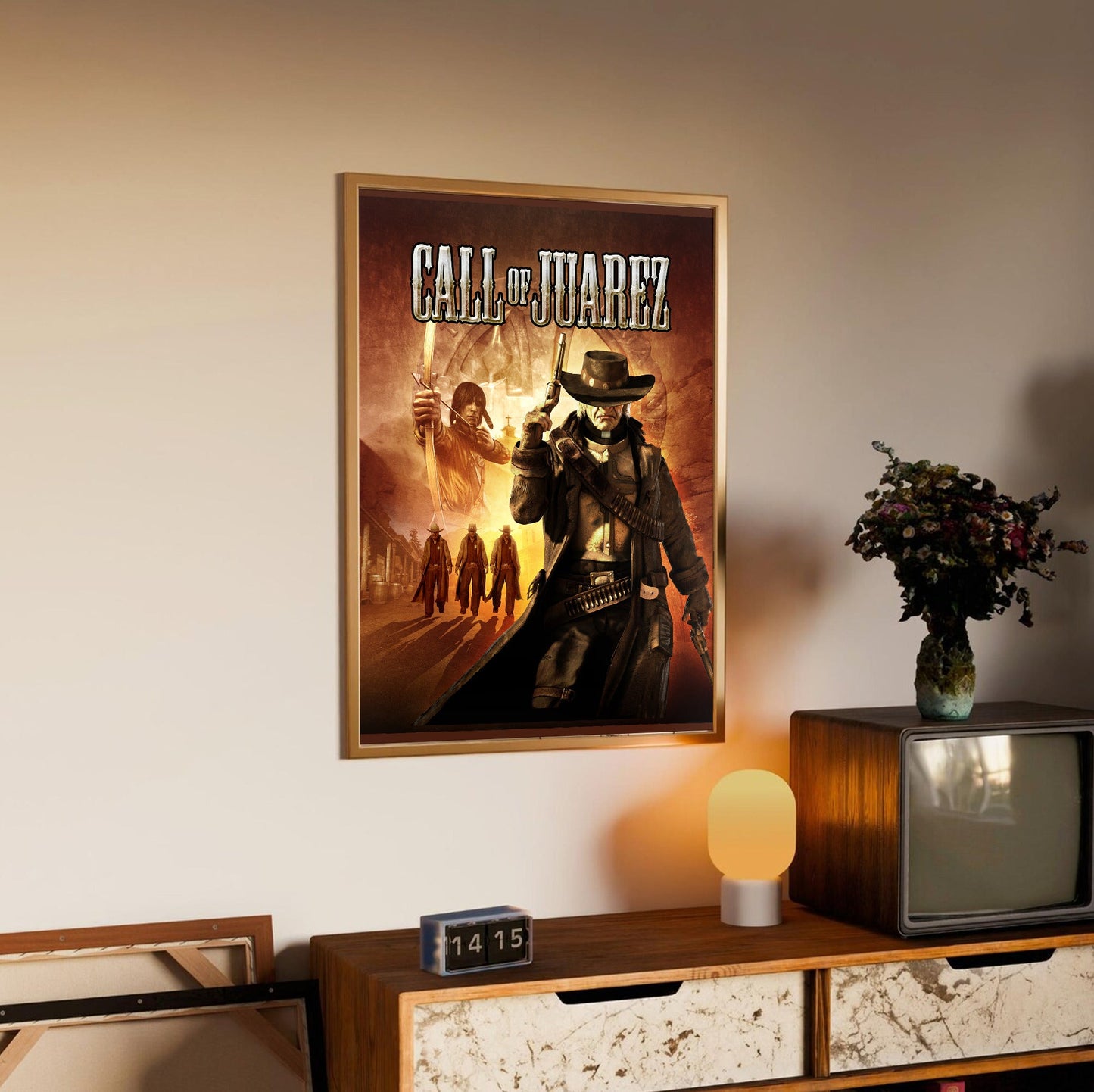 Call of Juarez cover art with logo in an oak frame above a sideboard