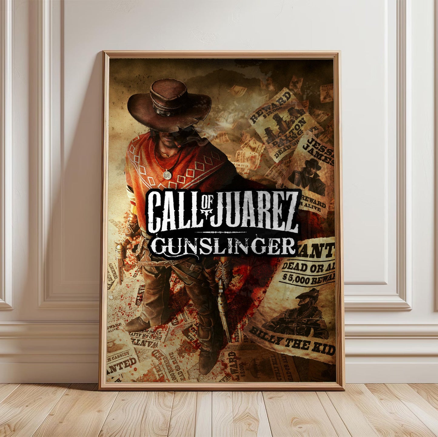 Call of Juarez Gunslinger alternate cover art in a light oak frame leaning against a white wall