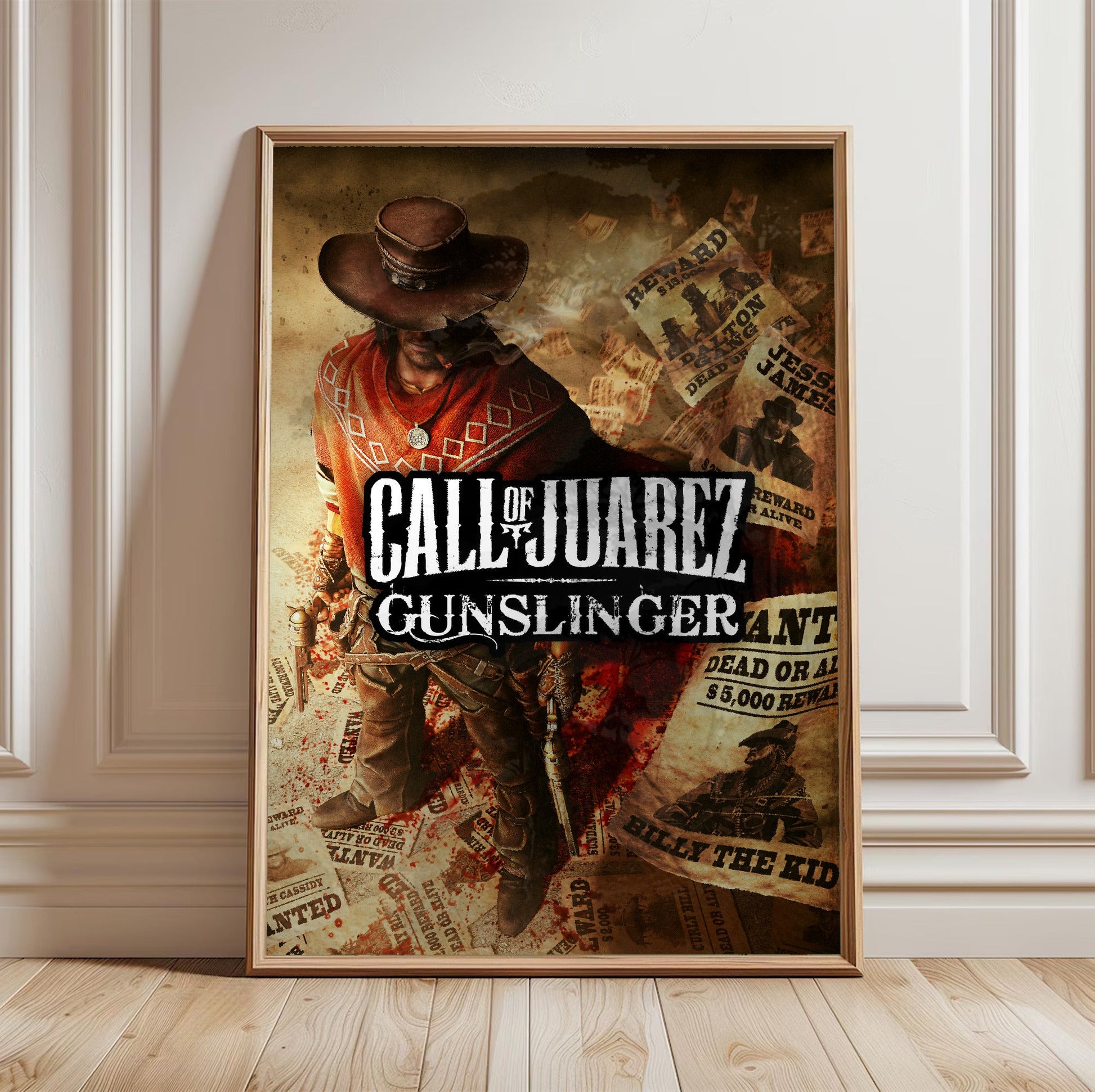 Call of Juarez Gunslinger alternate cover art in a light oak frame leaning against a white wall