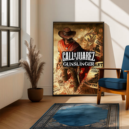 Call of Juarez Gunslinger alternate cover art framed beside a blue armchair in a sunlit room