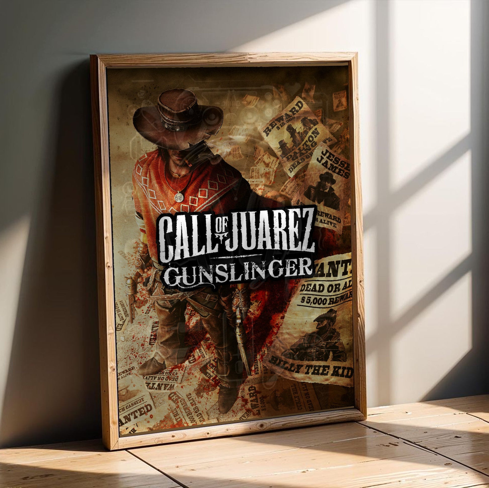Call of Juarez Gunslinger alternate cover art in an oak frame leaning on a wooden floor