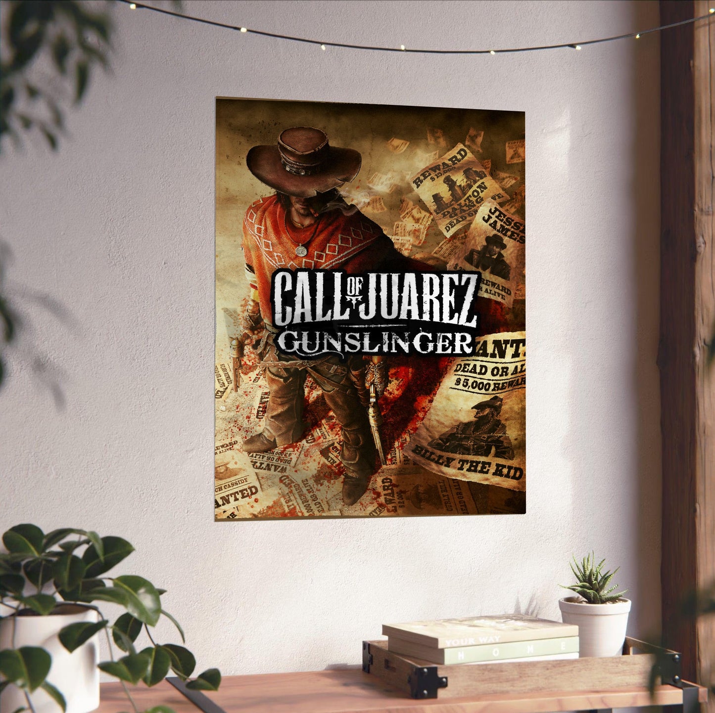 Call of Juarez Gunslinger alternate cover art unframed on a white wall above a desk
