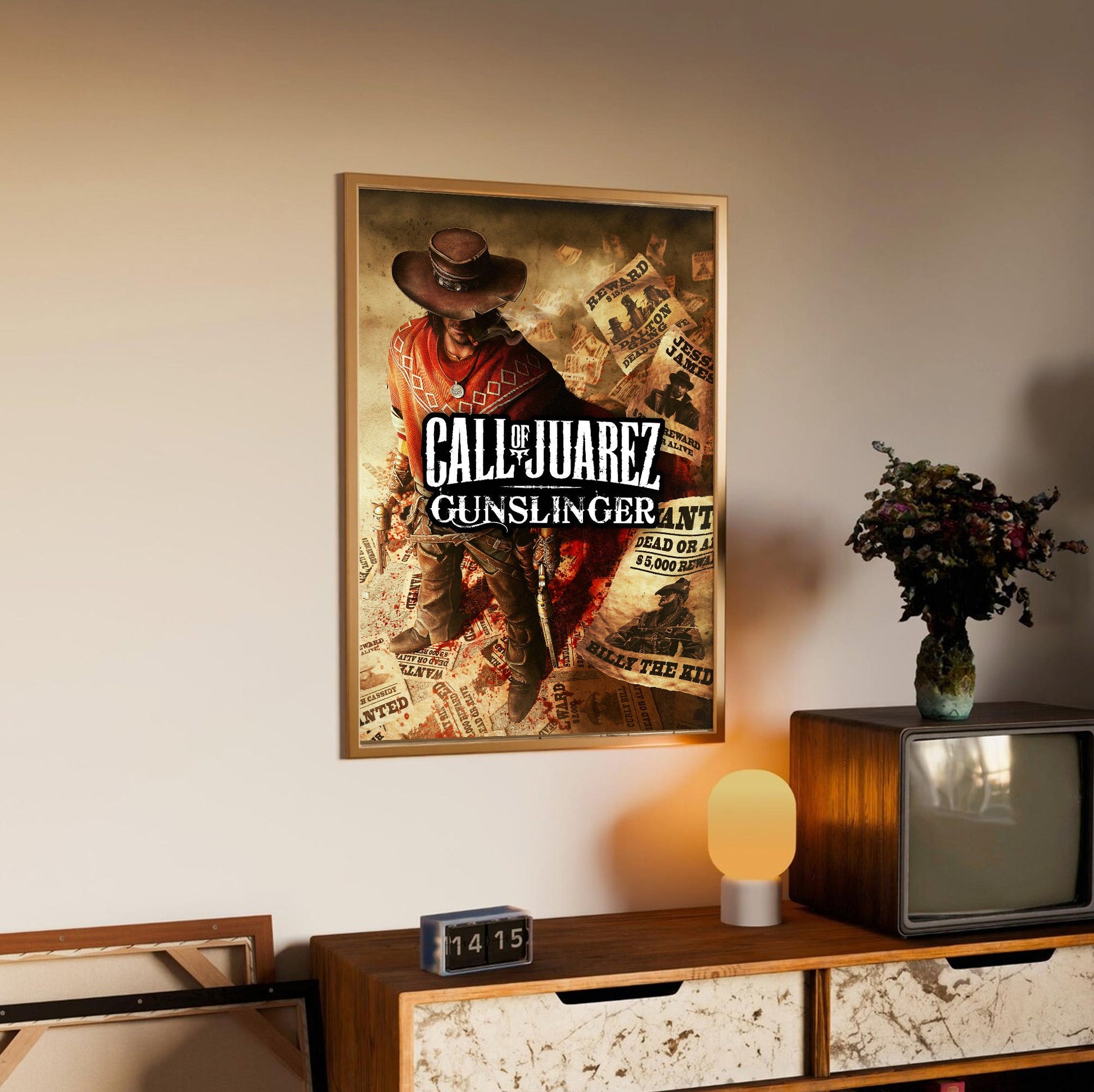 Call of Juarez Gunslinger alternate cover art in an oak frame above a sideboard