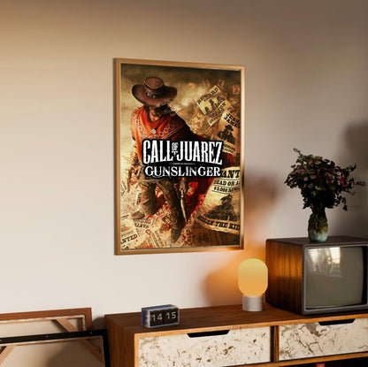 Call of Juarez Gunslinger alternate cover art in an oak frame above a sideboard