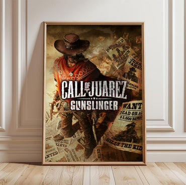 Call of Juarez Gunslinger cover art with logo in a light oak frame leaning against a white wall