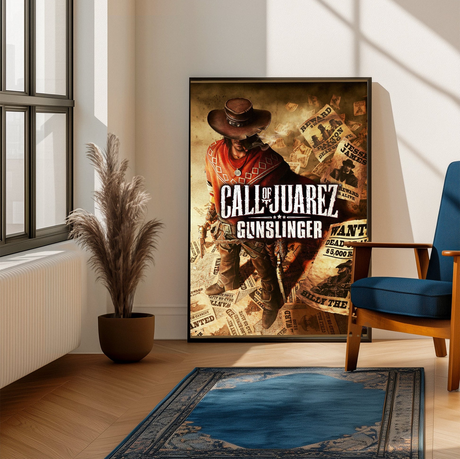 Call of Juarez Gunslinger cover art with logo framed beside a blue armchair in a sunlit room