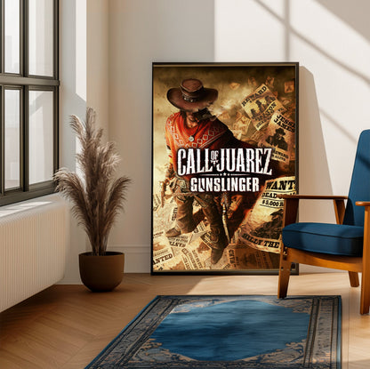 Call of Juarez Gunslinger cover art with logo framed beside a blue armchair in a sunlit room