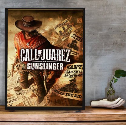 Call of Juarez Gunslinger cover art with logo in a black frame on a wooden shelf against concrete