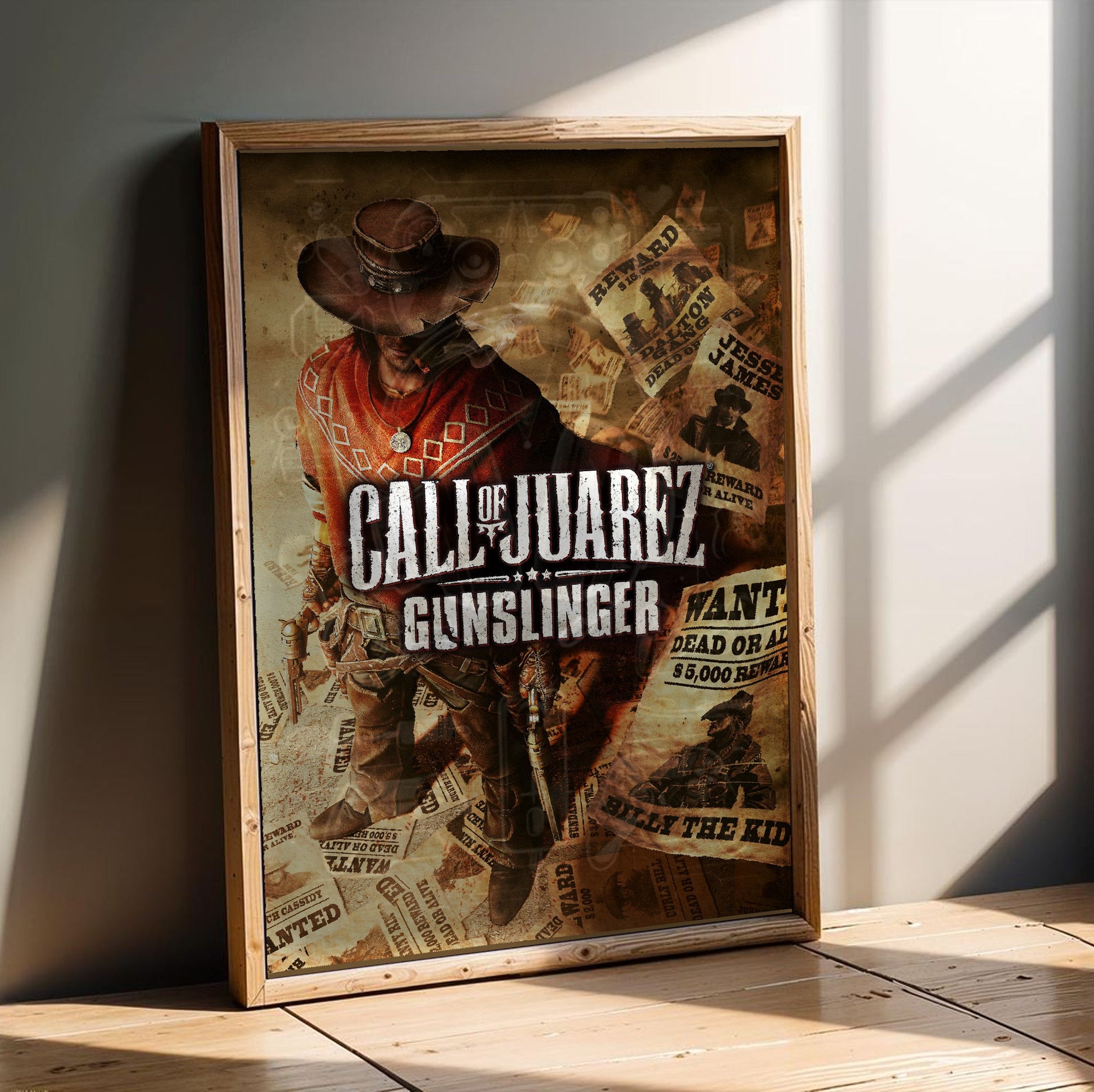 Call of Juarez Gunslinger cover art with logo in an oak frame leaning on a wooden floor