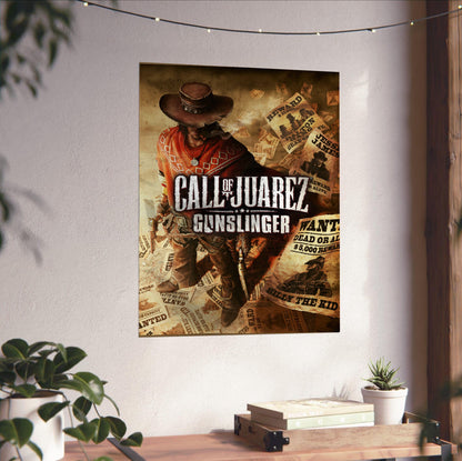 Call of Juarez Gunslinger cover art with logo unframed on a white wall above a desk