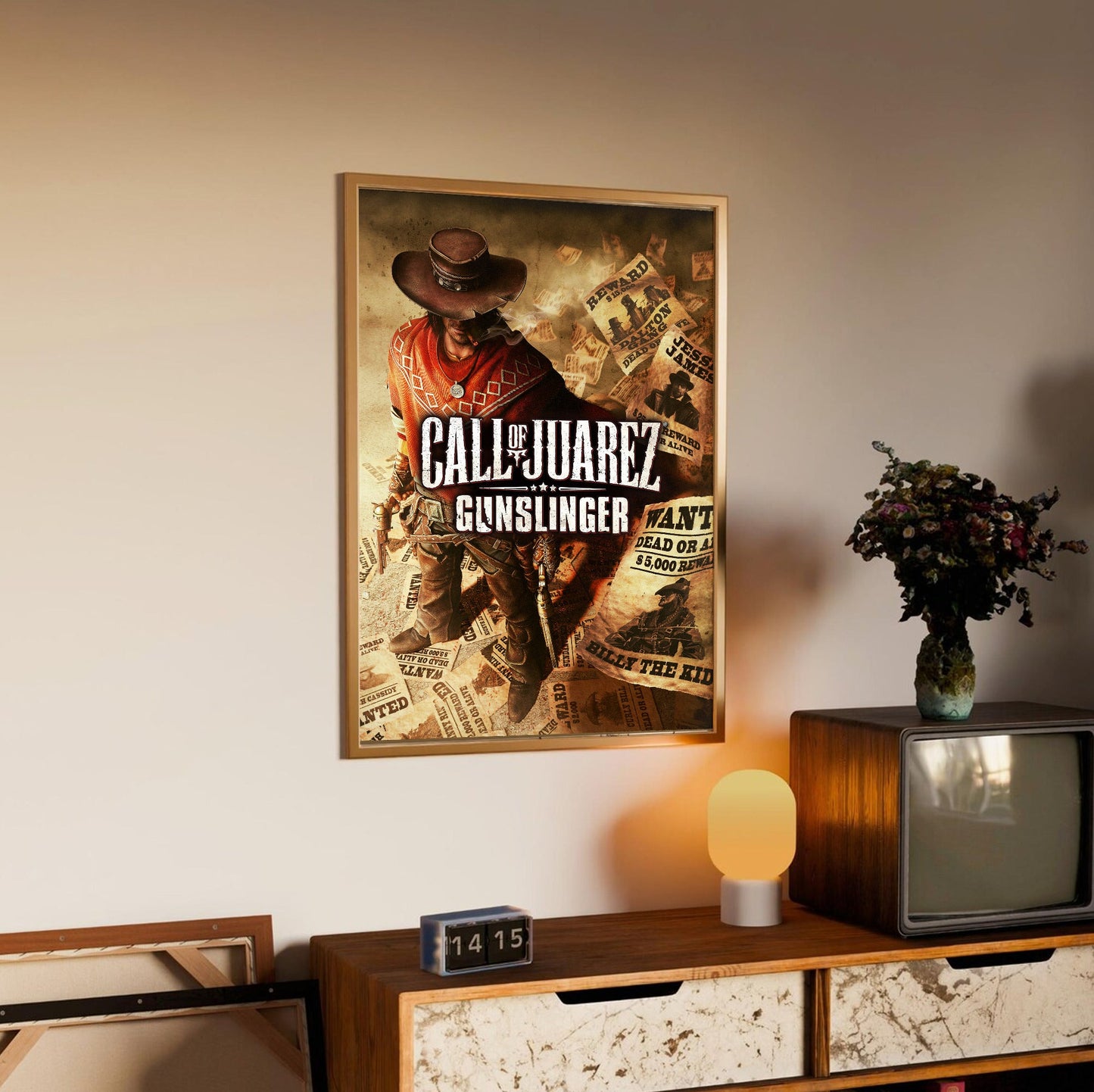 Call of Juarez Gunslinger cover art with logo in an oak frame above a sideboard