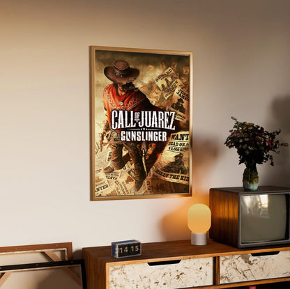 Call of Juarez Gunslinger cover art with logo in an oak frame above a sideboard