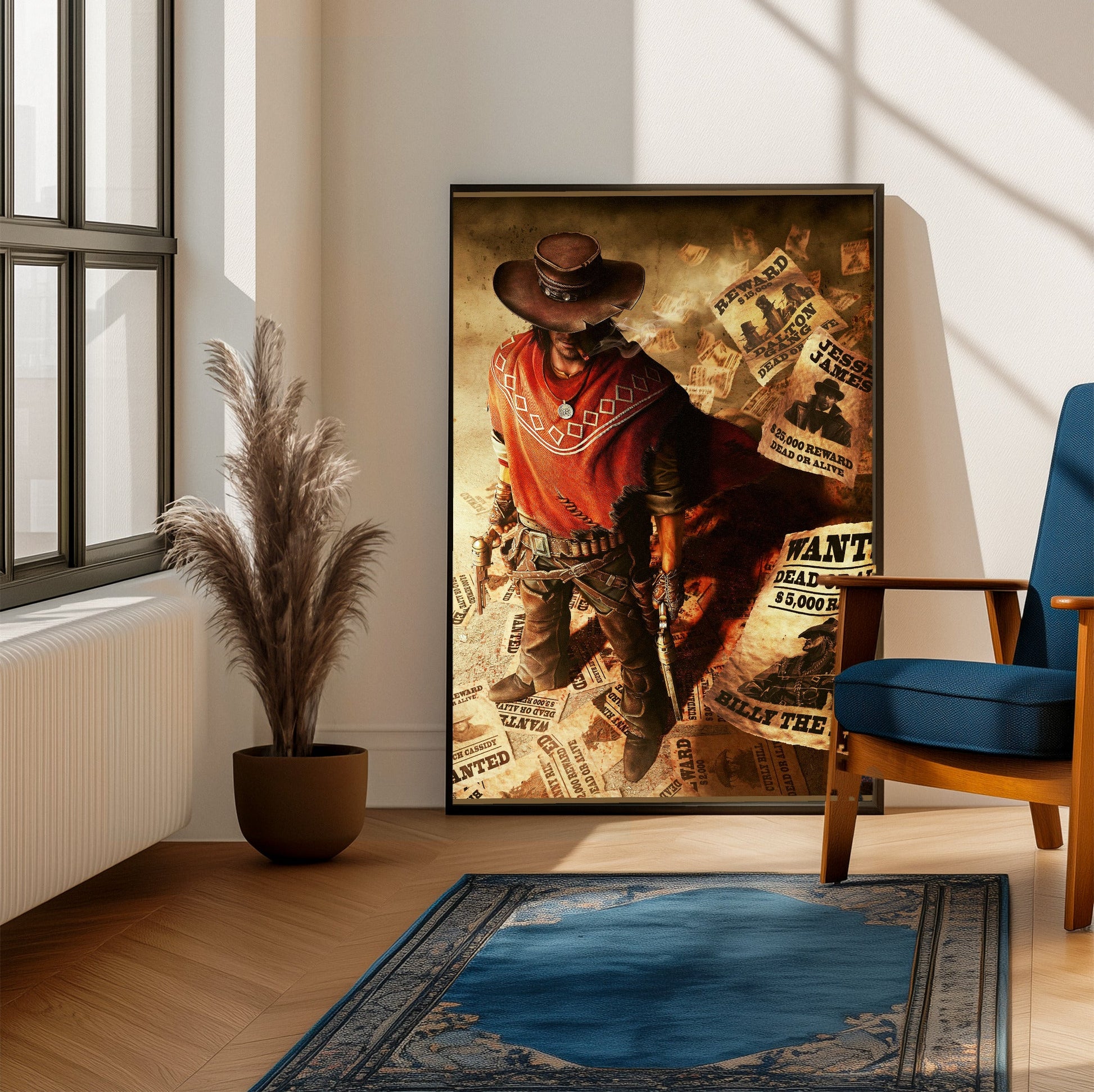 Call of Juarez Gunslinger cover art framed beside a blue armchair in a sunlit room