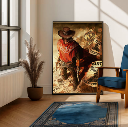Call of Juarez Gunslinger cover art framed beside a blue armchair in a sunlit room