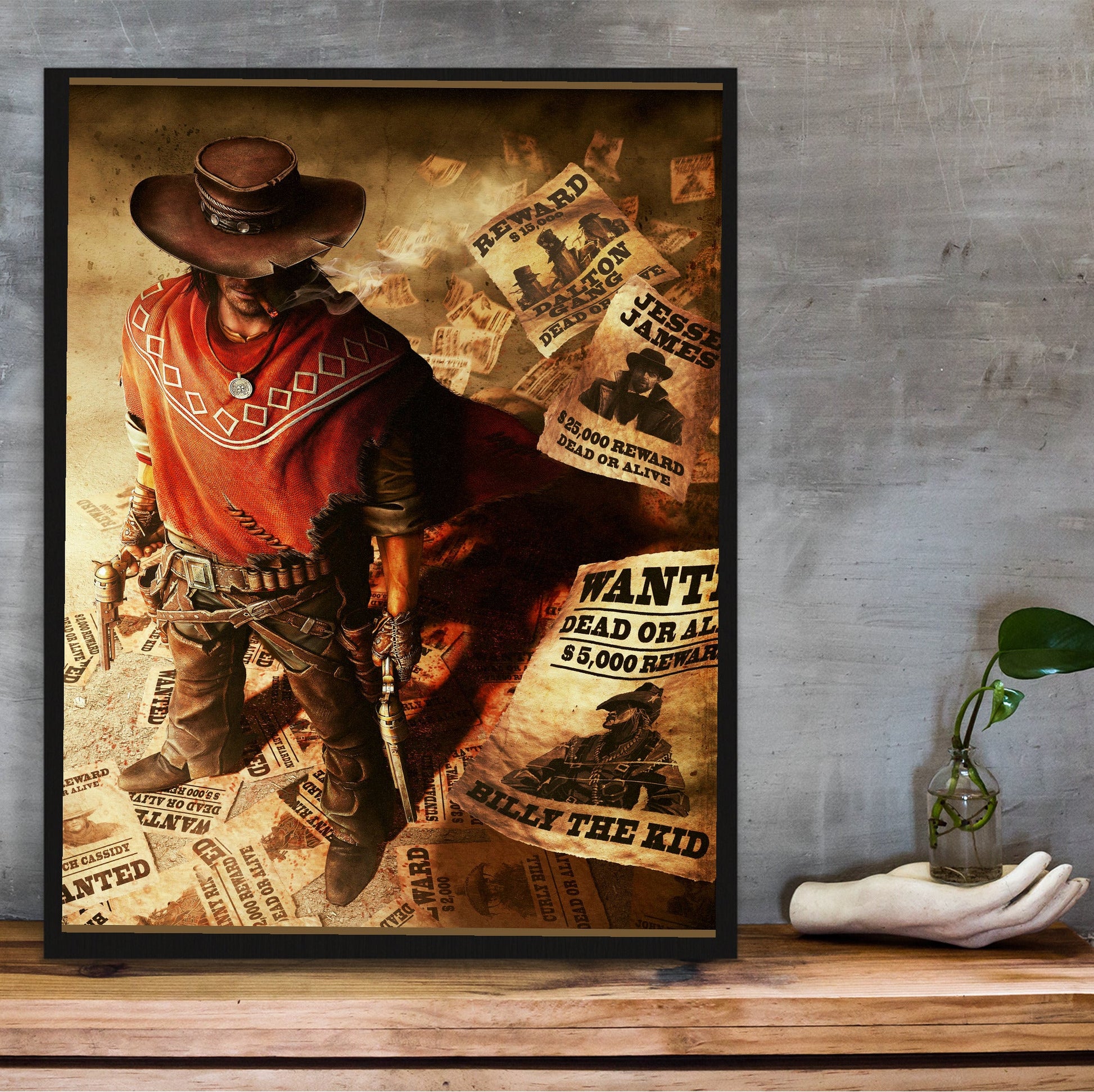 Call of Juarez Gunslinger cover art in a black frame on a wooden shelf against concrete
