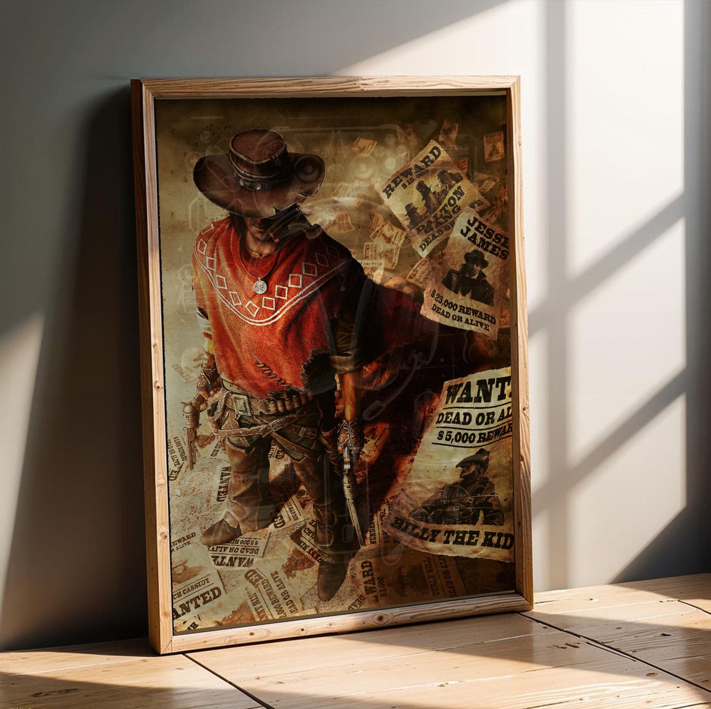 Call of Juarez Gunslinger cover art in an oak frame leaning on a wooden floor