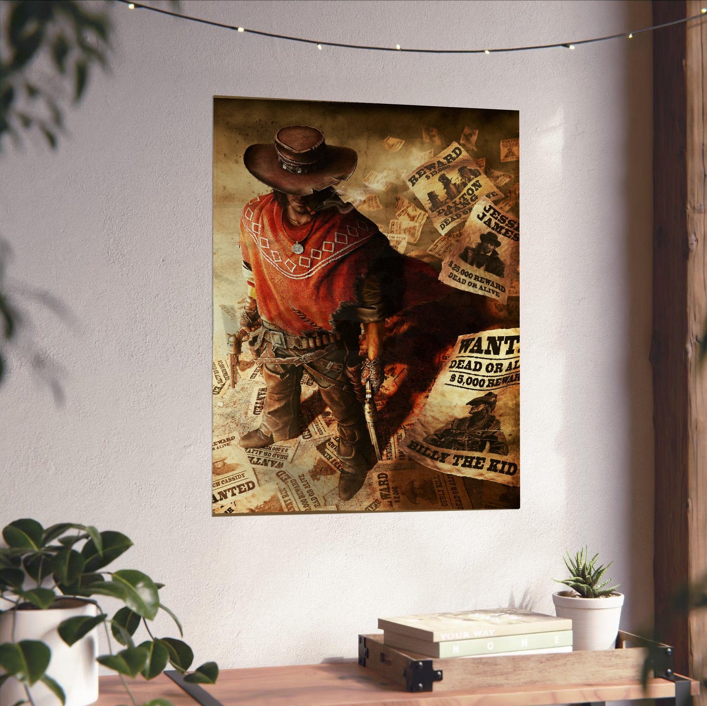 Call of Juarez Gunslinger cover art unframed on a white wall above a desk