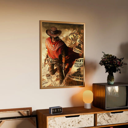 Call of Juarez Gunslinger cover art in an oak frame above a sideboard