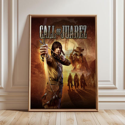 Call of Juarez key art with logo in a light oak frame leaning against a white wall