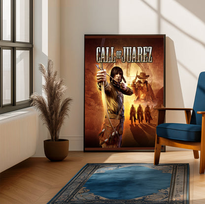 Call of Juarez key art with logo framed beside a blue armchair in a sunlit room