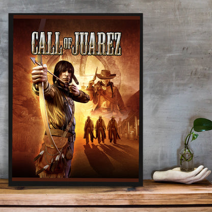 Call of Juarez key art with logo in a black frame on a wooden shelf against concrete
