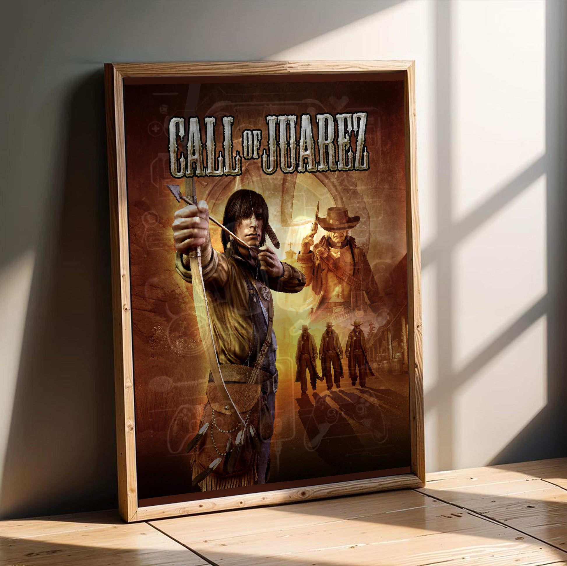 Call of Juarez key art with logo in an oak frame leaning on a wooden floor