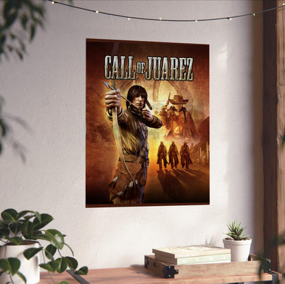 Call of Juarez key art with logo unframed on a white wall above a desk