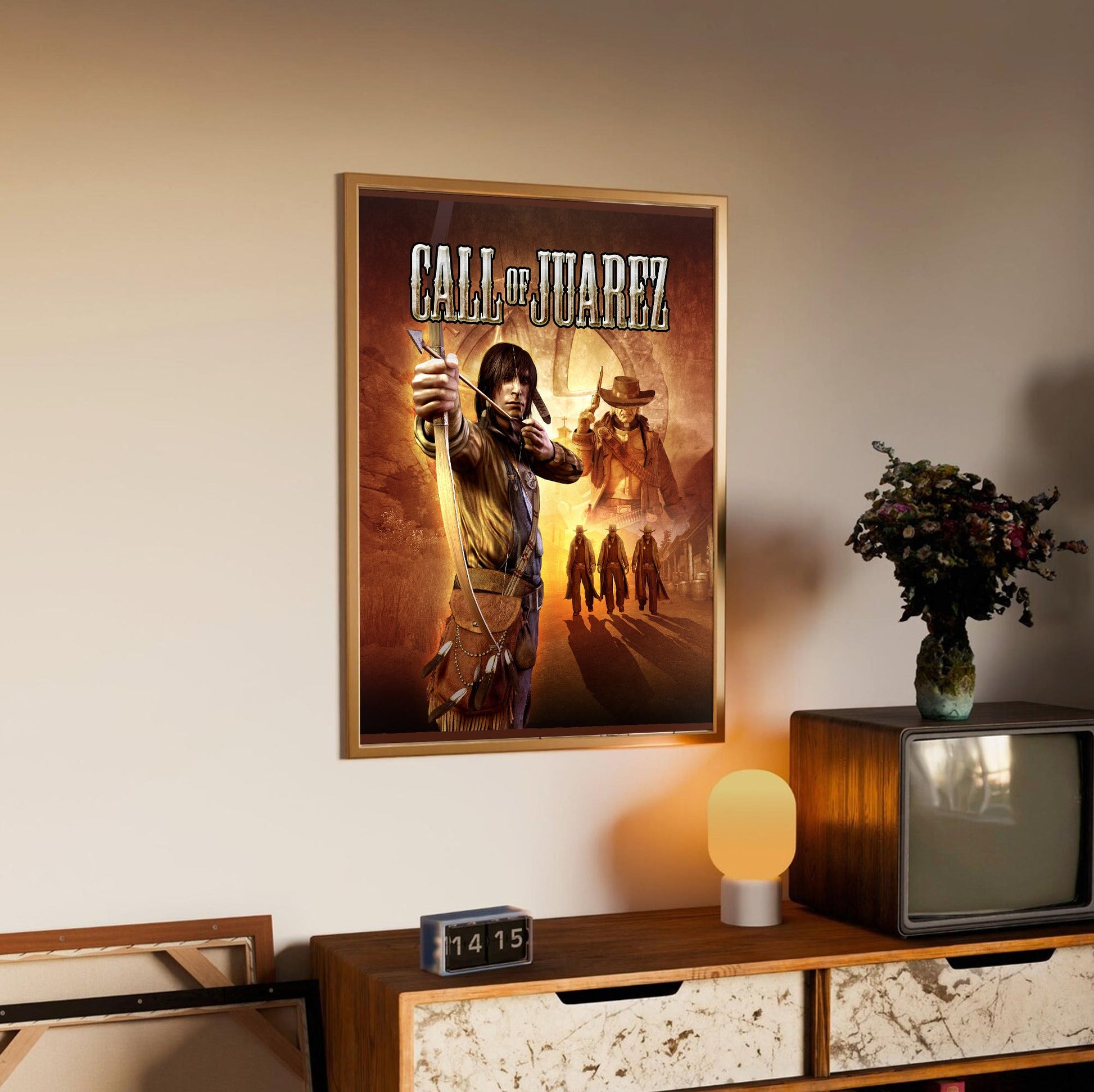 Call of Juarez key art with logo in an oak frame above a sideboard