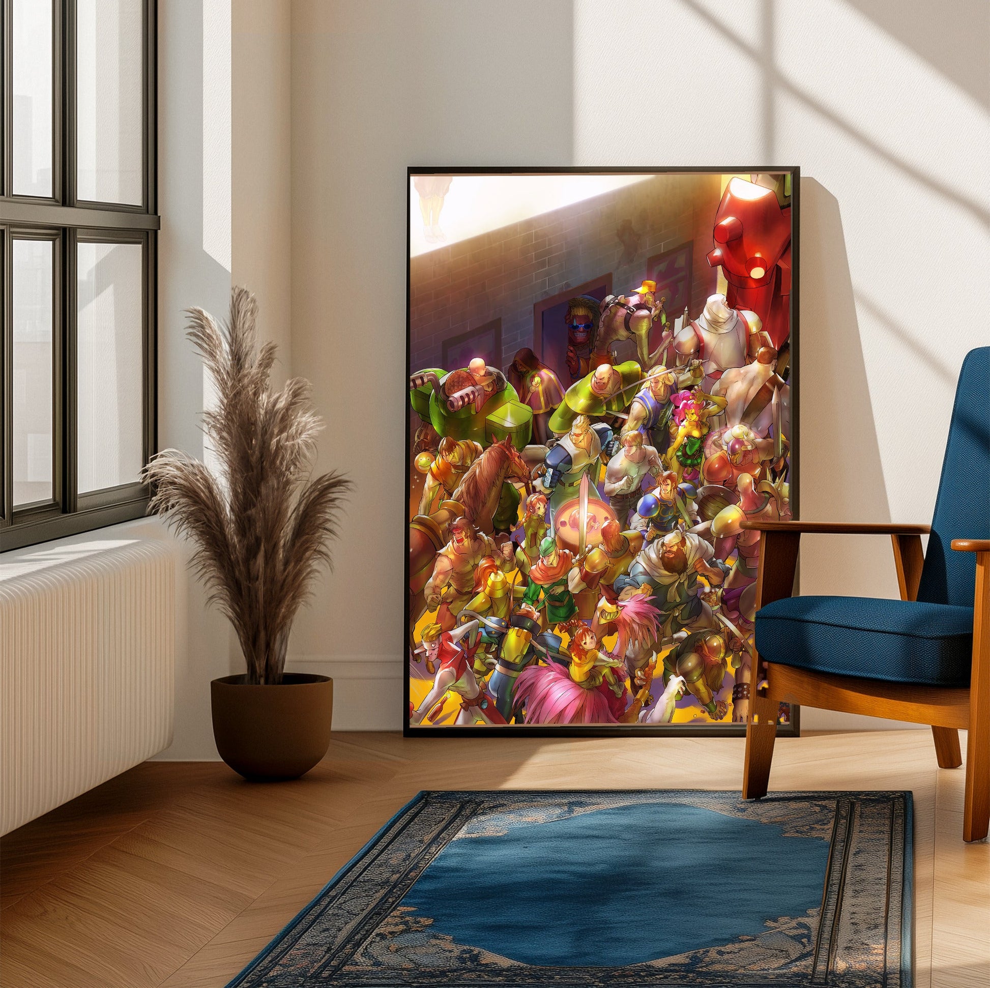 Capcom Beat Em Up Bundle art by Bengus framed beside a blue armchair in a sunlit room