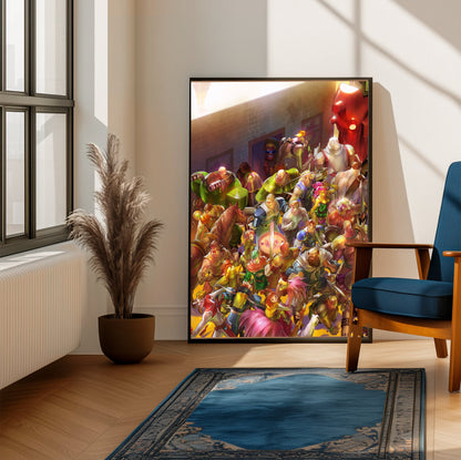 Capcom Beat Em Up Bundle art by Bengus framed beside a blue armchair in a sunlit room
