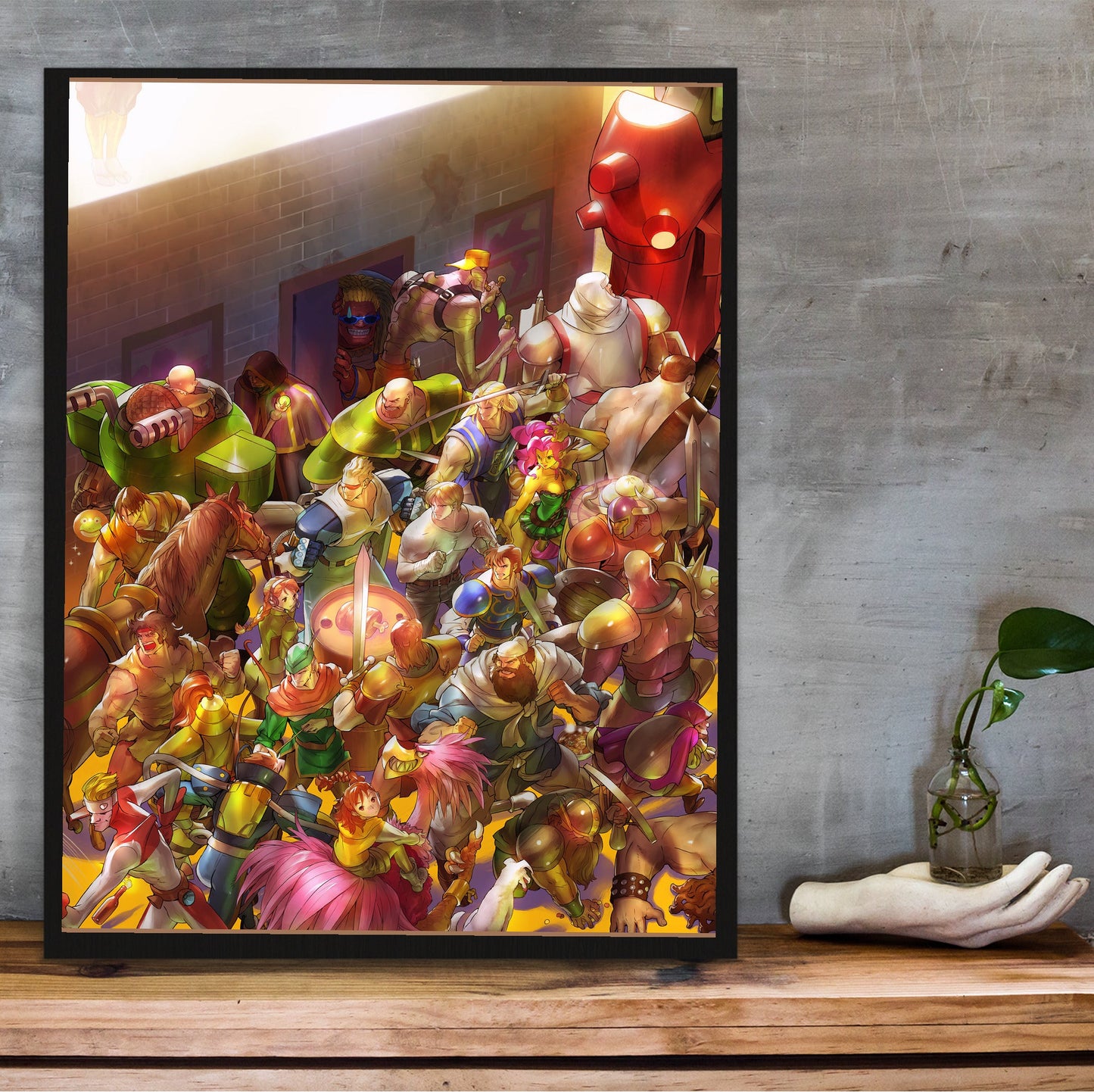 Capcom Beat Em Up Bundle art by Bengus in a black frame on a wooden shelf against concrete