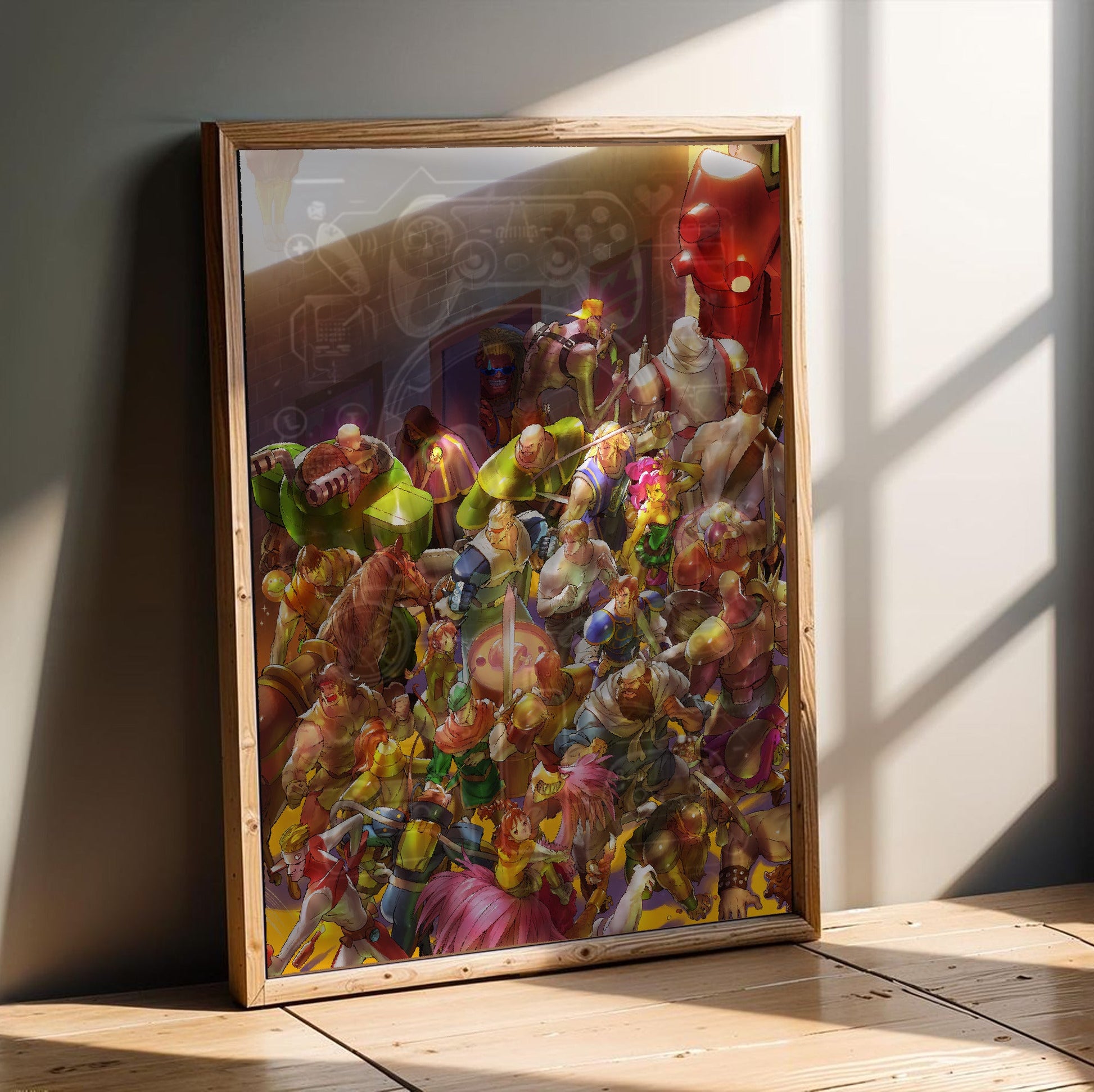 Capcom Beat Em Up Bundle art by Bengus in an oak frame leaning on a wooden floor
