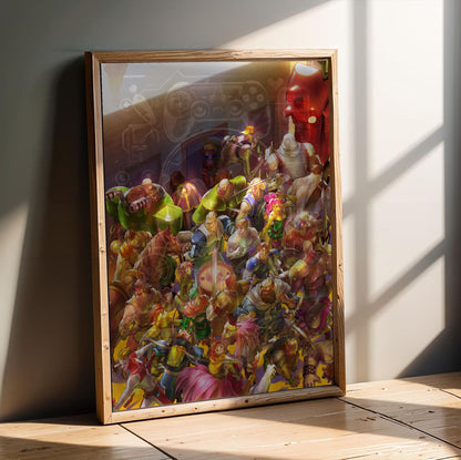 Capcom Beat Em Up Bundle art by Bengus in an oak frame leaning on a wooden floor