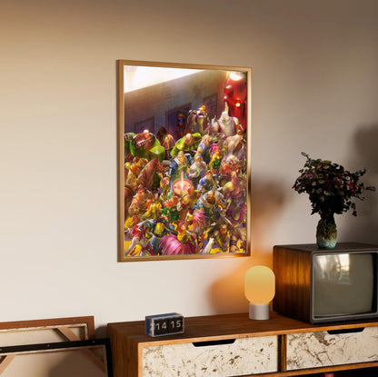 Capcom Beat Em Up Bundle art by Bengus in an oak frame above a sideboard