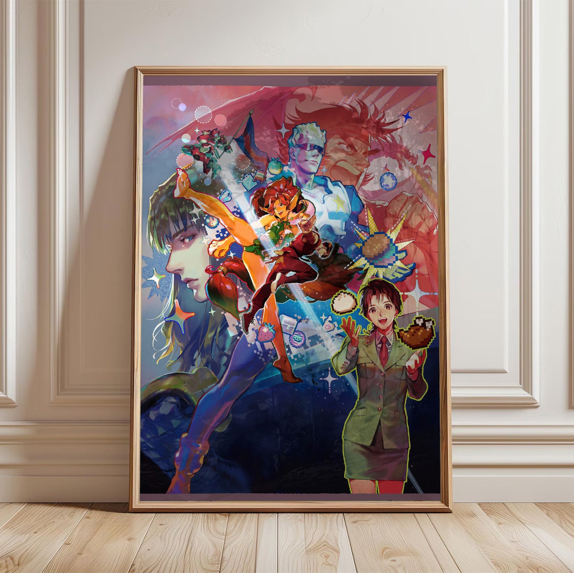 Capcom Beat Em Up Bundle art by Chisato Mita in a light oak frame leaning against a white wall