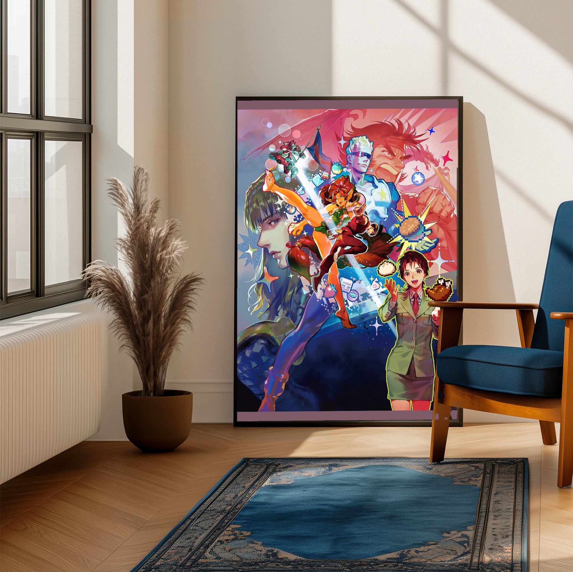 Capcom Beat Em Up Bundle art by Chisato Mita framed beside a blue armchair in a sunlit room