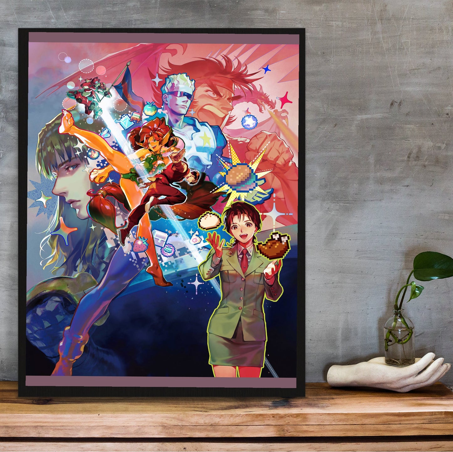 Capcom Beat Em Up Bundle art by Chisato Mita in a black frame on a wooden shelf against concrete