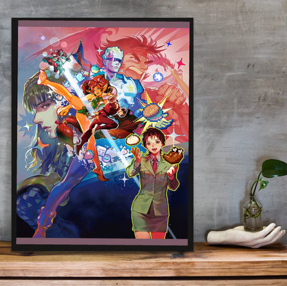 Capcom Beat Em Up Bundle art by Chisato Mita in a black frame on a wooden shelf against concrete