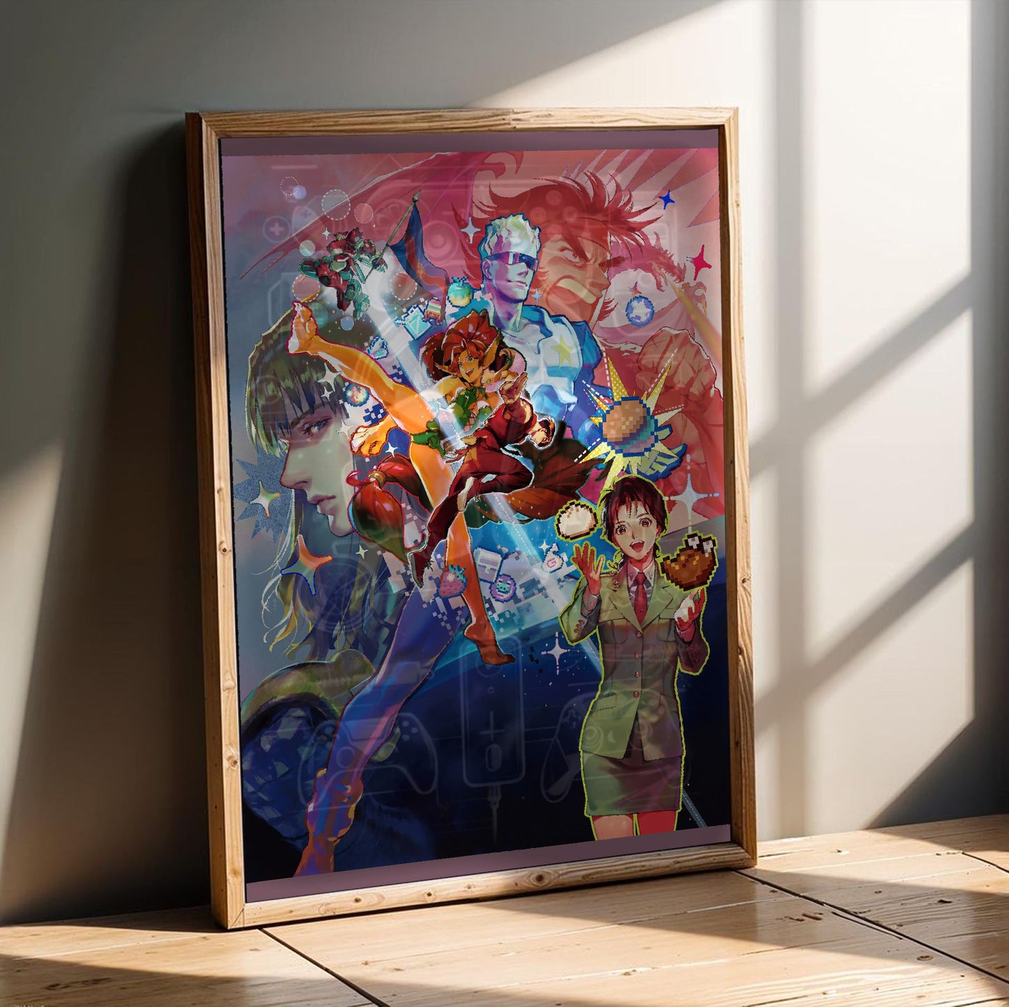 Capcom Beat Em Up Bundle art by Chisato Mita in an oak frame leaning on a wooden floor