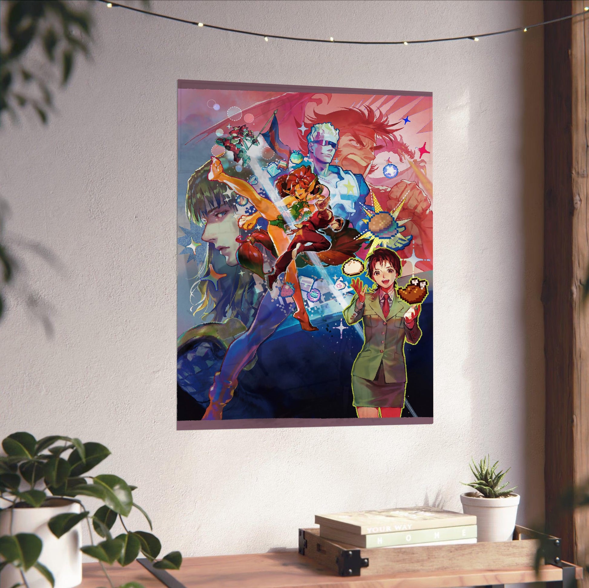 Capcom Beat Em Up Bundle art by Chisato Mita unframed on a white wall above a desk