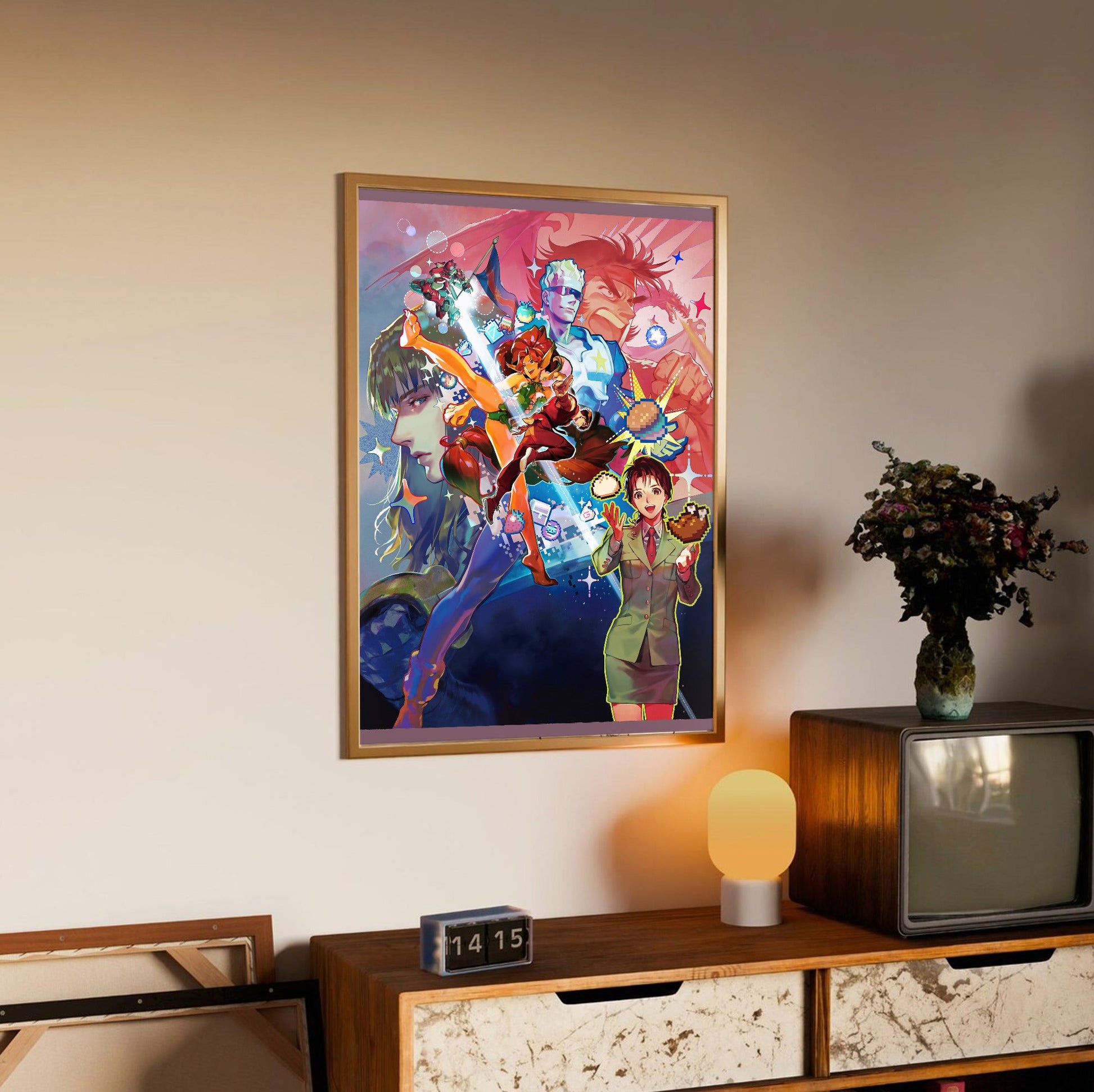 Capcom Beat Em Up Bundle art by Chisato Mita in an oak frame above a sideboard