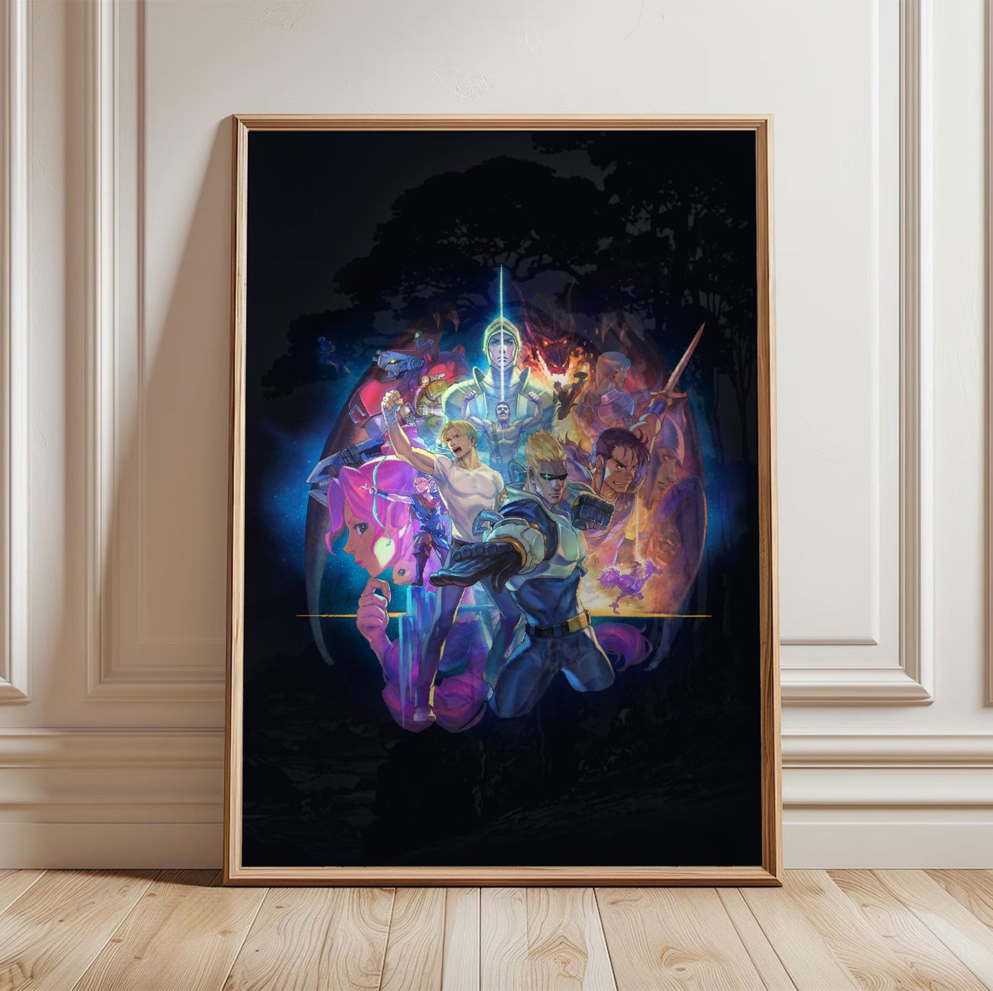 Capcom Beat Em Up Bundle art by Kazuya Nuri in a light oak frame leaning against a white wall