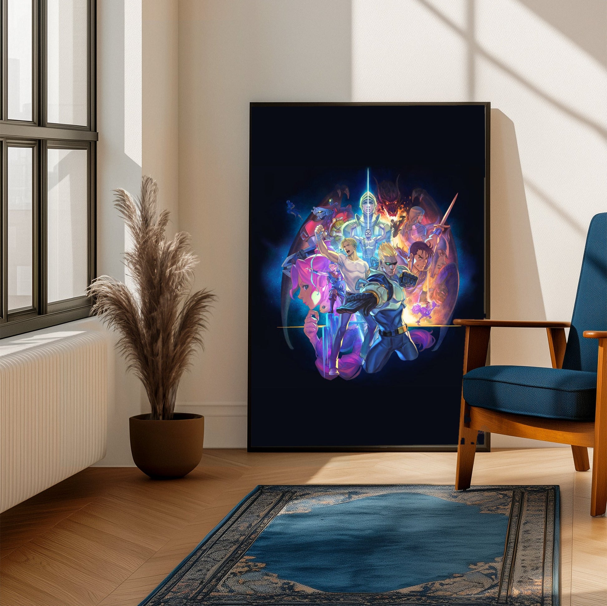 Capcom Beat Em Up Bundle art by Kazuya Nuri framed beside a blue armchair in a sunlit room