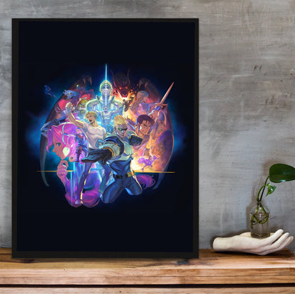 Capcom Beat Em Up Bundle art by Kazuya Nuri in a black frame on a wooden shelf against concrete