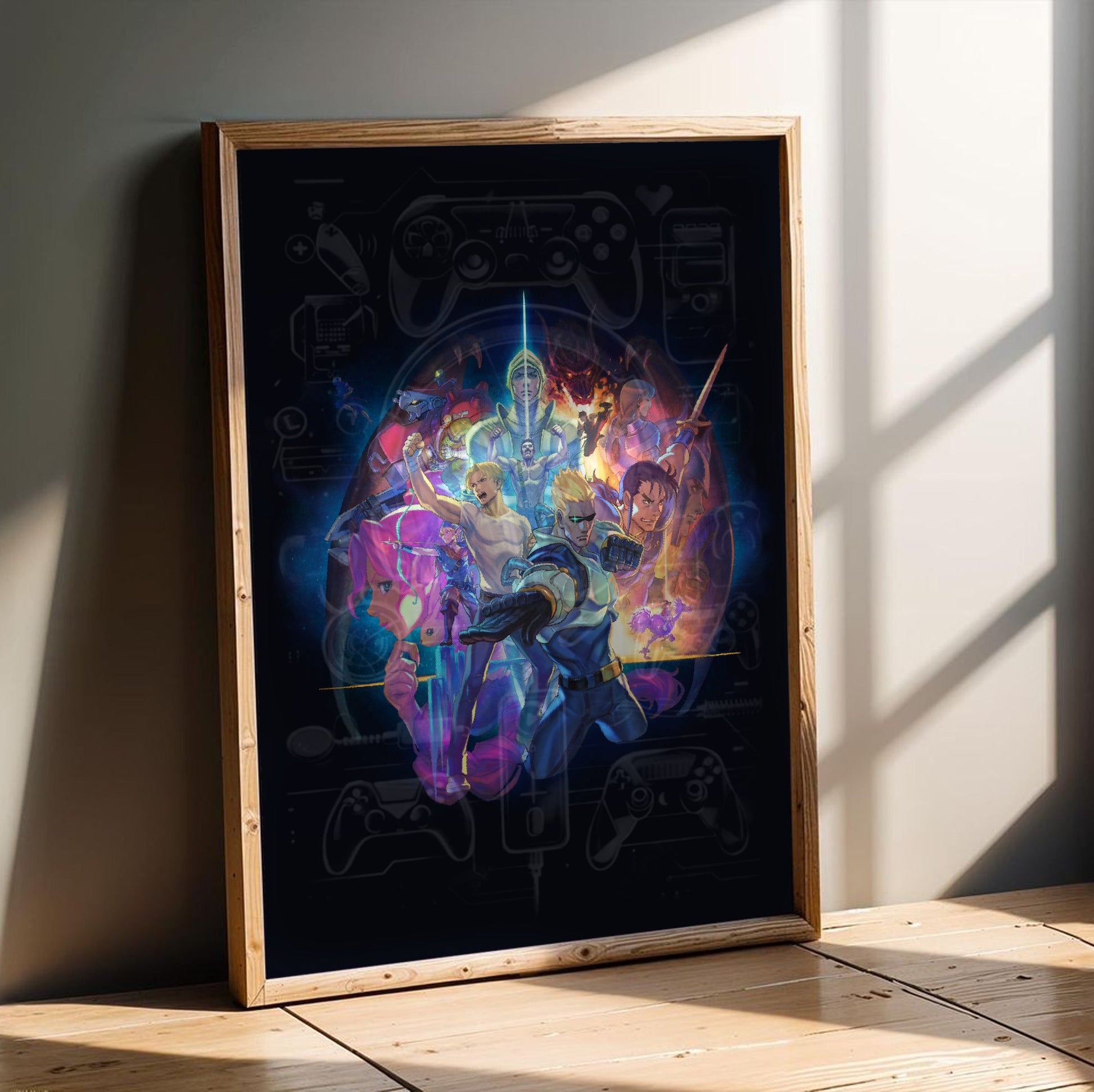 Capcom Beat Em Up Bundle art by Kazuya Nuri in an oak frame leaning on a wooden floor